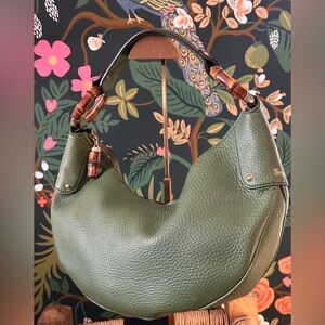 Gucci Bamboo Ring Leather Saddle Hobo Green Pebble Leather